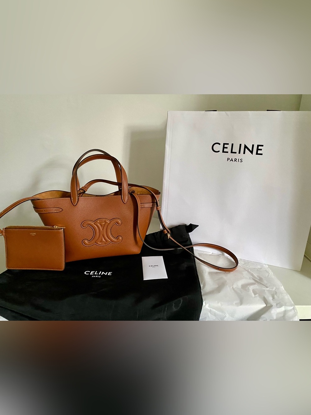 Celine Mini Cabas Anais Triomphe Tan Leather Crossbody Tote Bag & Pouch NWT